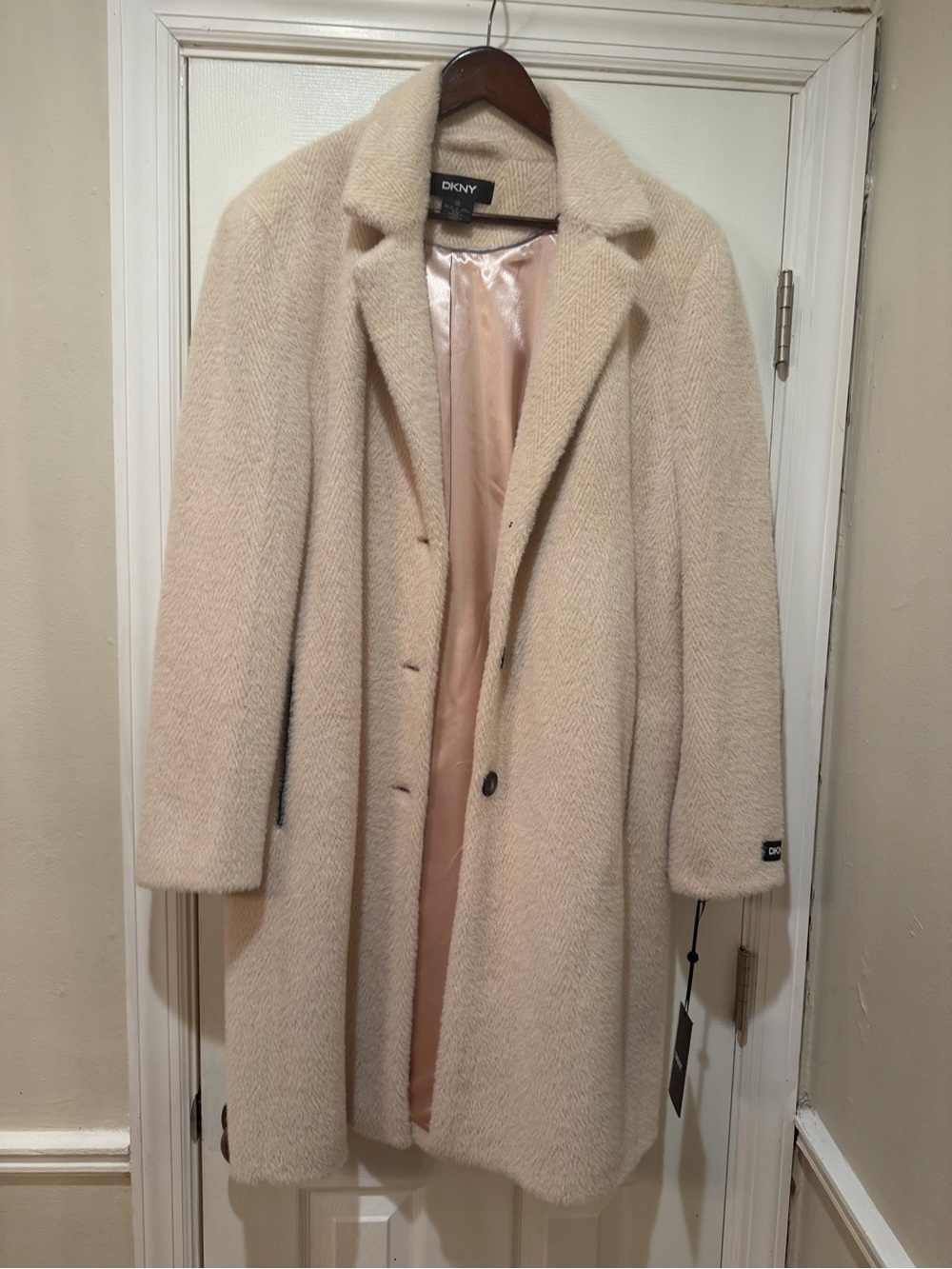 NWT DKNY Cream Single-Breasted Wool Blend Pea Coat